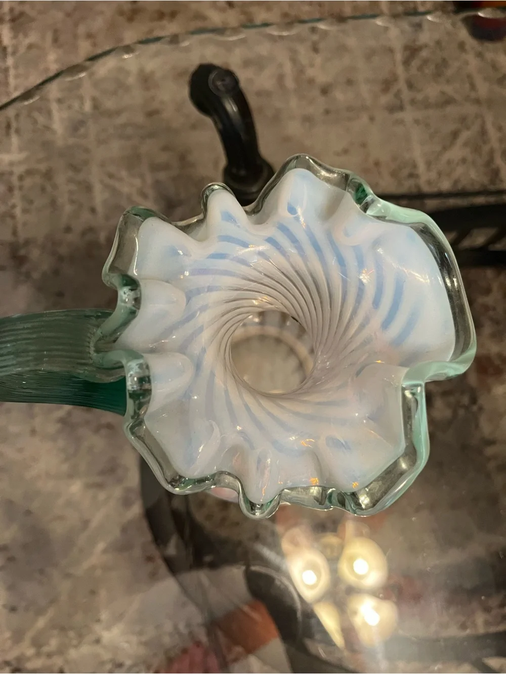 Fenton Art Glass MEADOW BEAUTY Pitcher Opalescent Swirl Sea Mist Green Trim